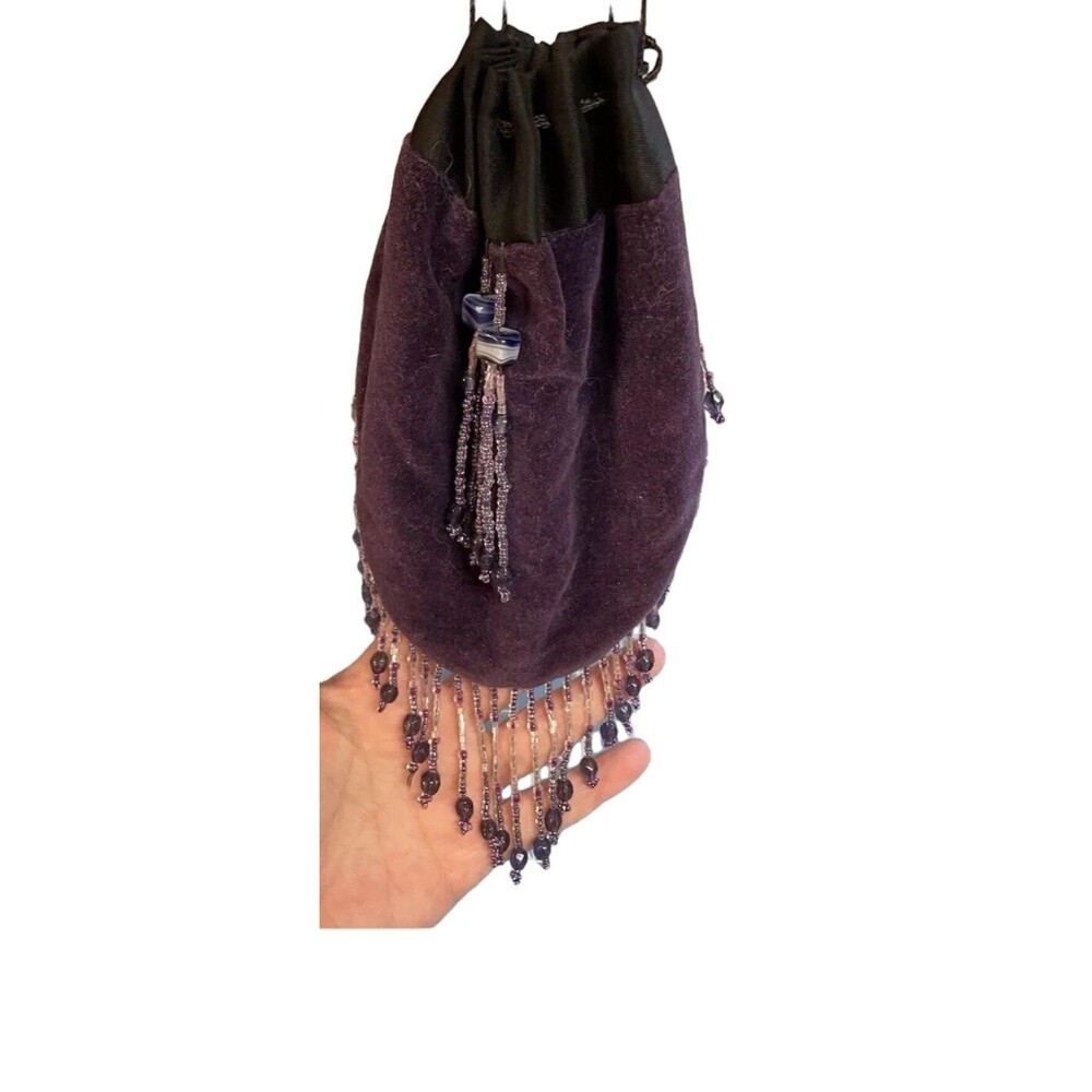 90s Purple Velvet Crossbody Beaded Witchy Fringe Bohemian Hippie Boho Coin Purse